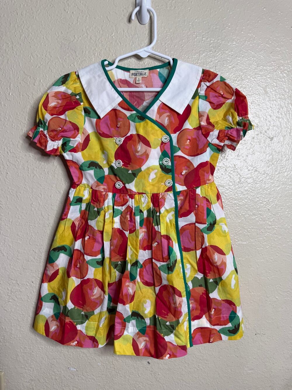 Finding Foxtale Apple Pie Dress Girls 5 Watercolor Apple Print Retro Cotton NWOT